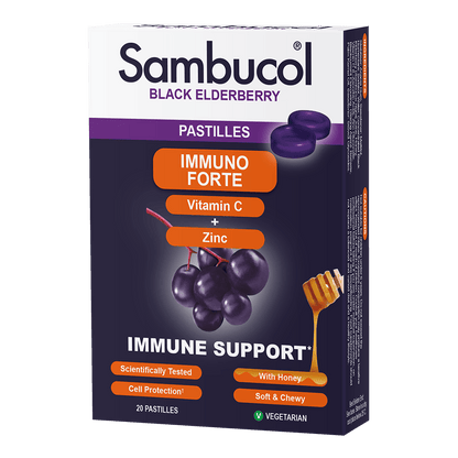 Sambucol Immuno Forte, PLUS Soothing Honey + Vitamin C + Zinc, Support Immune, 20 Pastilles - Ultimate Sup Singapore