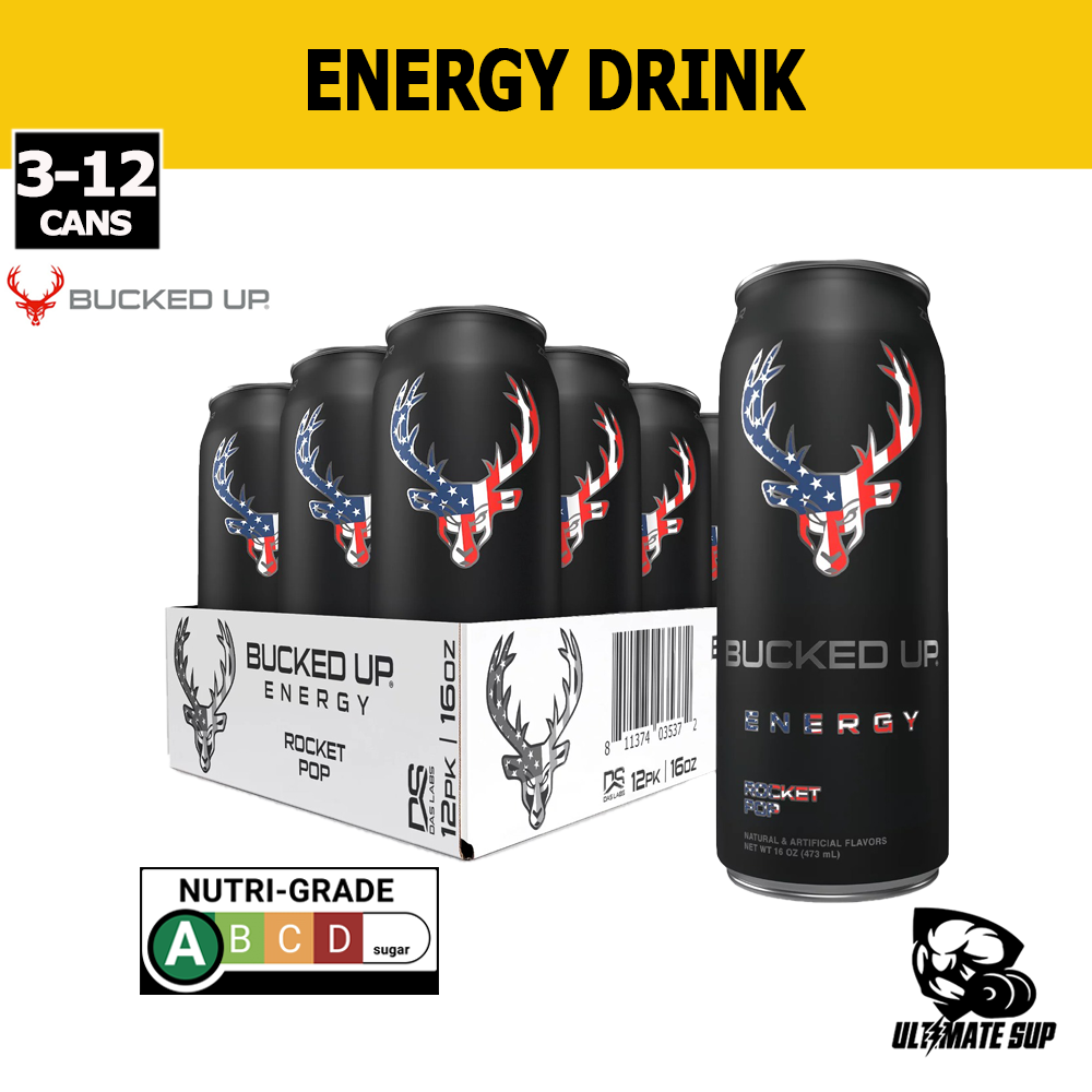 Bucked Up Energy, Extreme Energy And Focus Drink, Energy Drinks, Caffeine & Zero Sugar, Rocket Pop 16oz, 3-12 cans - Ultimate Sup Singapore