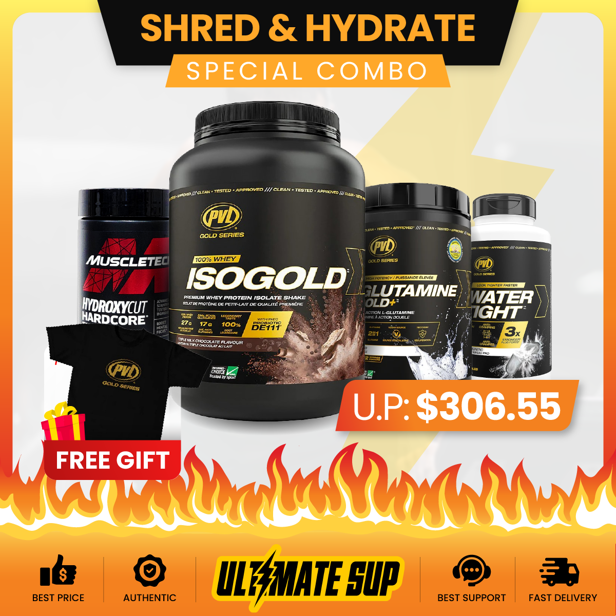 Combo SHRED & HYDRATE STACK, PVL Whey Gold 6lbs + PVL Glutamine Gold+ PVL Watertight + Hydroxycut elite 110s, Fat loss - Ultimate Sup Singapore