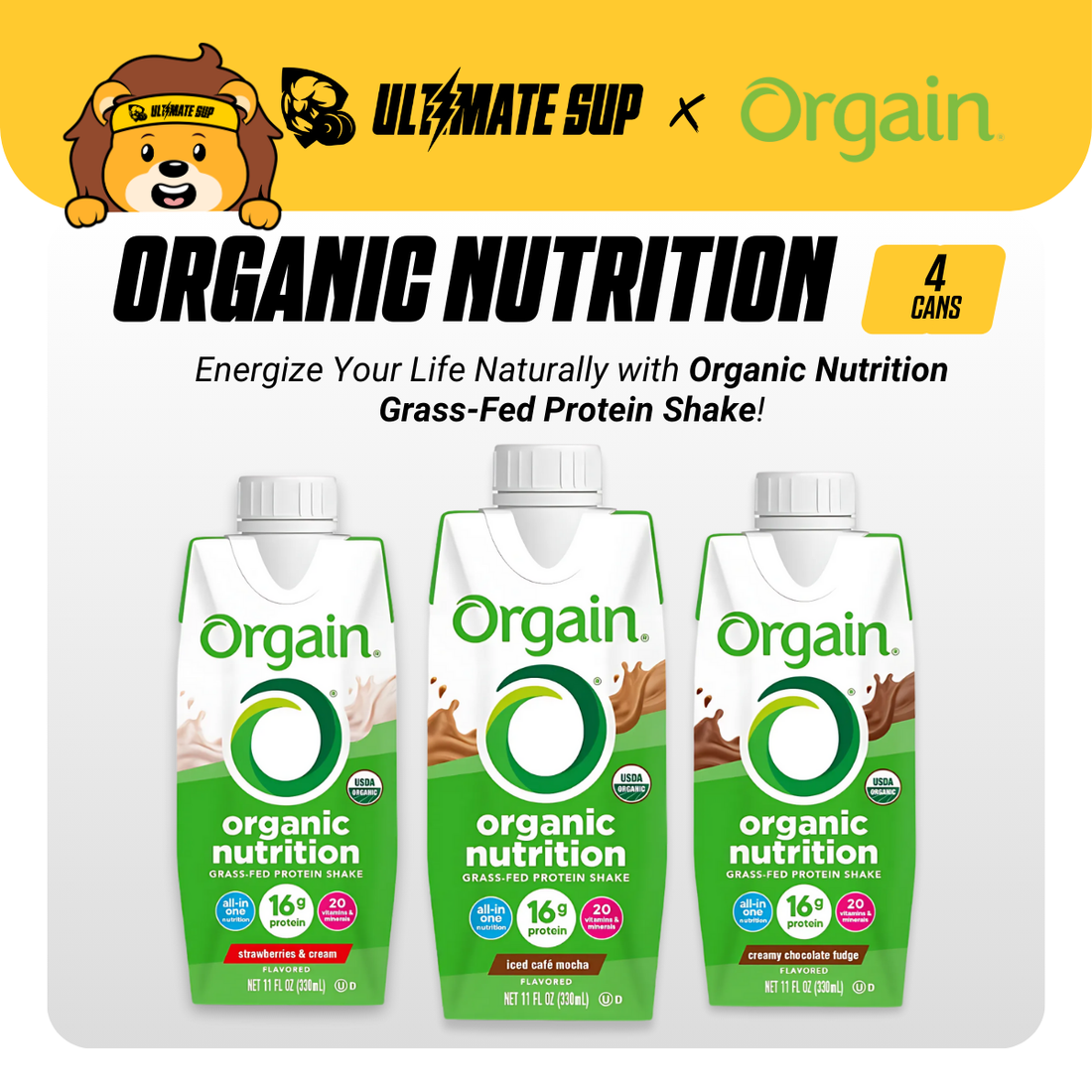 Orgain, Organic Nutrition, Nutritional Shake, Grass-Fed Protein, Vegan, 4 Pack, 11 fl oz - Ultimate Sup Singapore