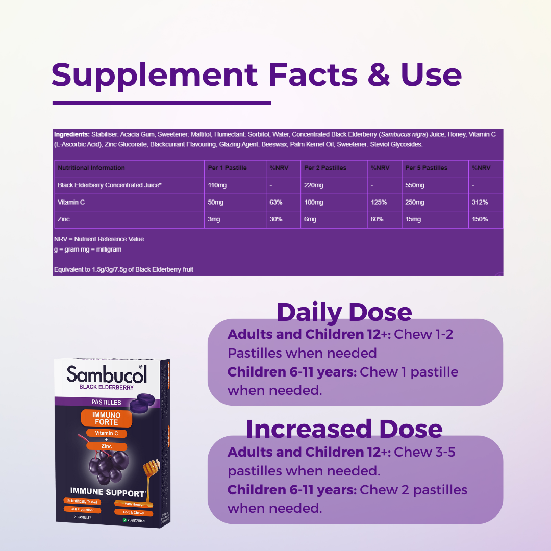 Sambucol Immuno Forte, PLUS Soothing Honey + Vitamin C + Zinc, Support Immune, 20 Pastilles - Ultimate Sup Singapore
