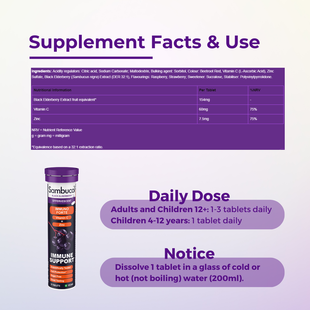 Sambucol Immuno Forte Effervescent, PLUS Vitamin C + Zinc, Immune Support, 15 Tablets - Ultimate Sup Singapore