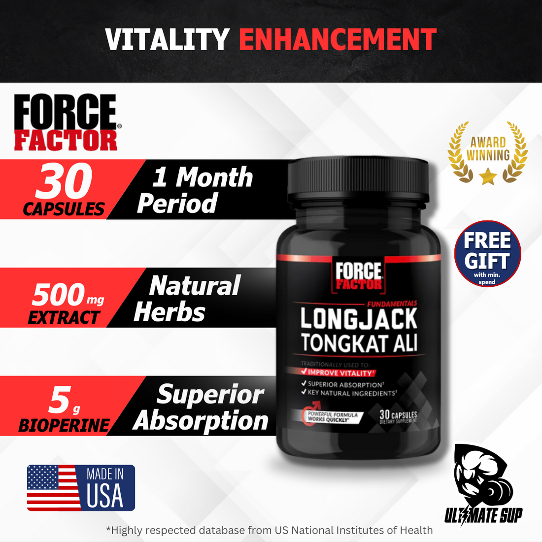 Force Factor, Longjack Tongkat Ali, Support Male Vitality and Improve Drive, Dietary Supplement 500 mg, 30-60 Capsules - Ultimate Sup Singapore