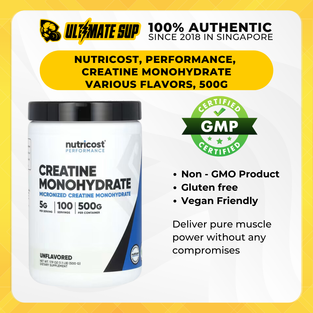 Nutricost, Performance, Creatine Monohydrate, Strength and Muscle Growth, Various Flavors, 1.1 lb (500 g) - Ultimate Sup Singapore