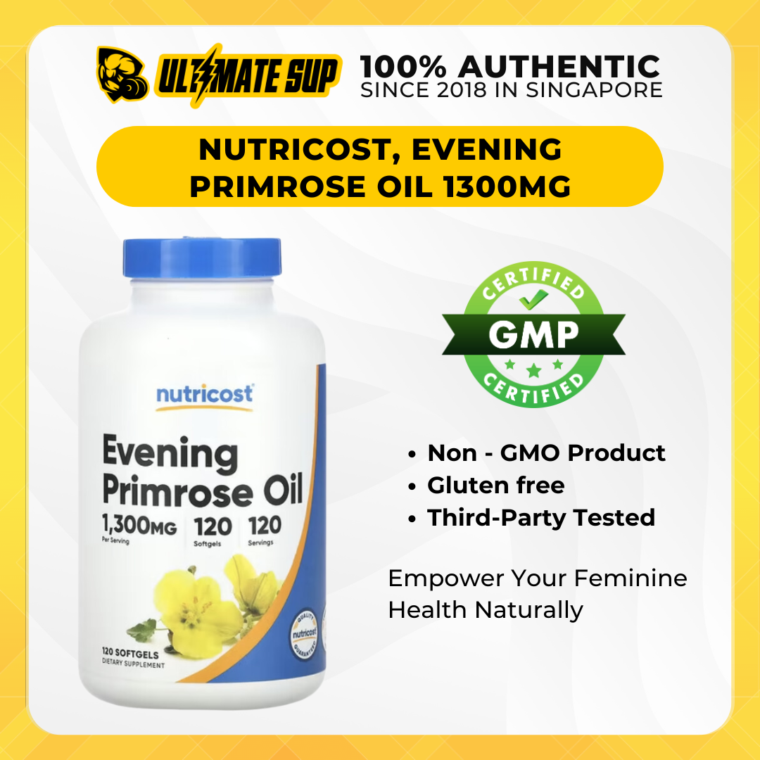 Nutricost, Evening Primrose Oil, Skin Health, Supports Women's Health, 1,300 mg, 120 Softgels - Ultimate Sup Singapore