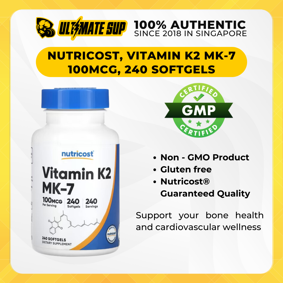 Nutricost, Vitamin K2 MK7, Support bone health and cardiovascular wellness, 100 mcg, 240 Softgels - Ultimate Sup Singapore