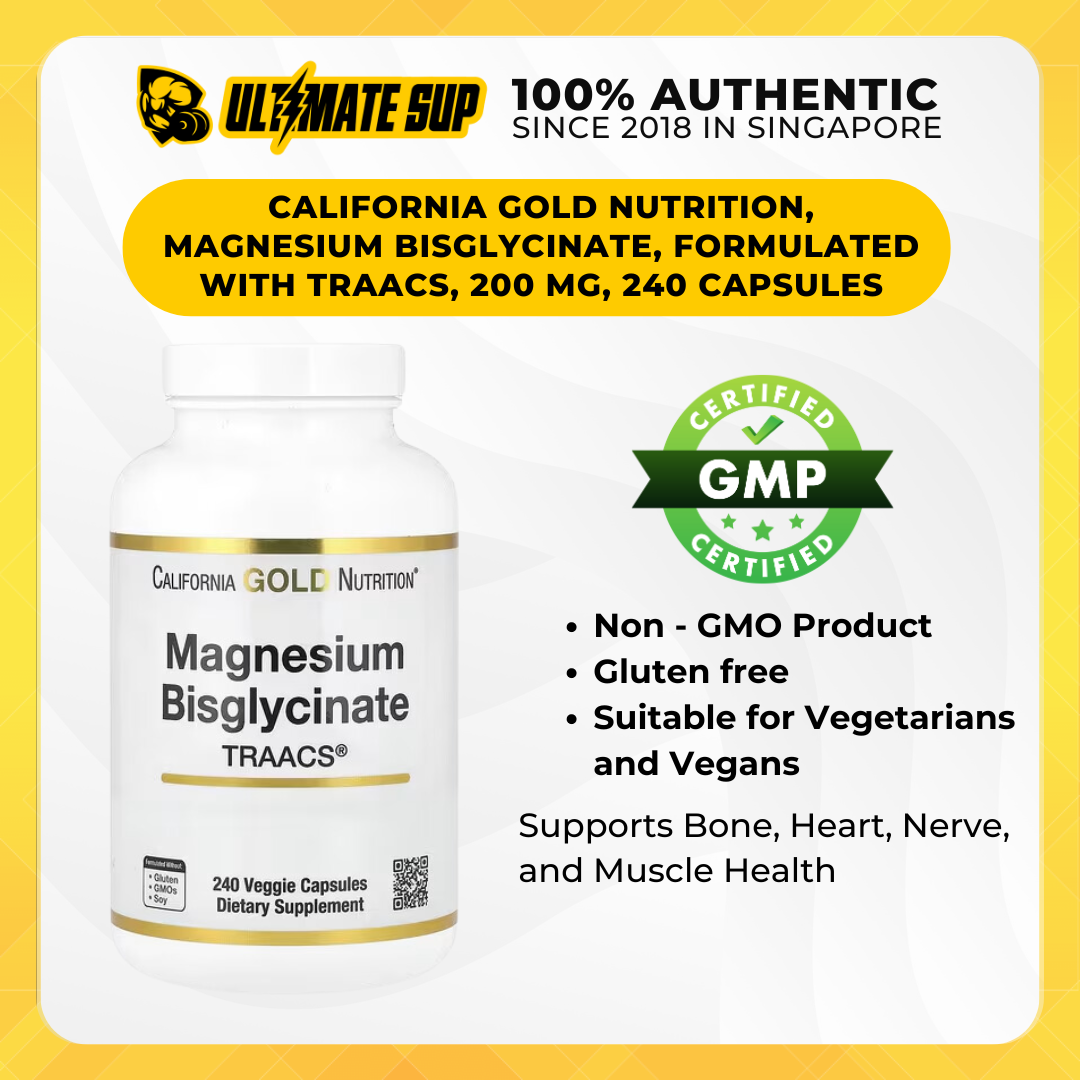 California Gold Nutrition, Magnesium Bisglycinate, Formulated with TRAACS, Overall Health, 200 mg, 240 Veggie Capsules - Ultimate Sup Singapore