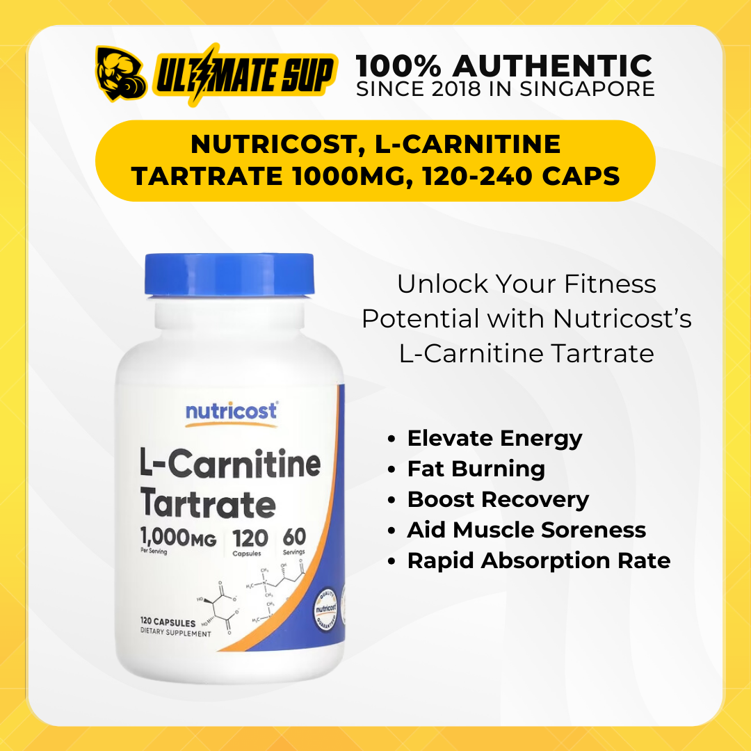 Nutricost, L-Carnitine Tartrate, Fat Burner, Boost Energy & Recovery, 1,000 mg, 120 -240 Caps (500 mg per Capsule) - Ultimate Sup Singapore