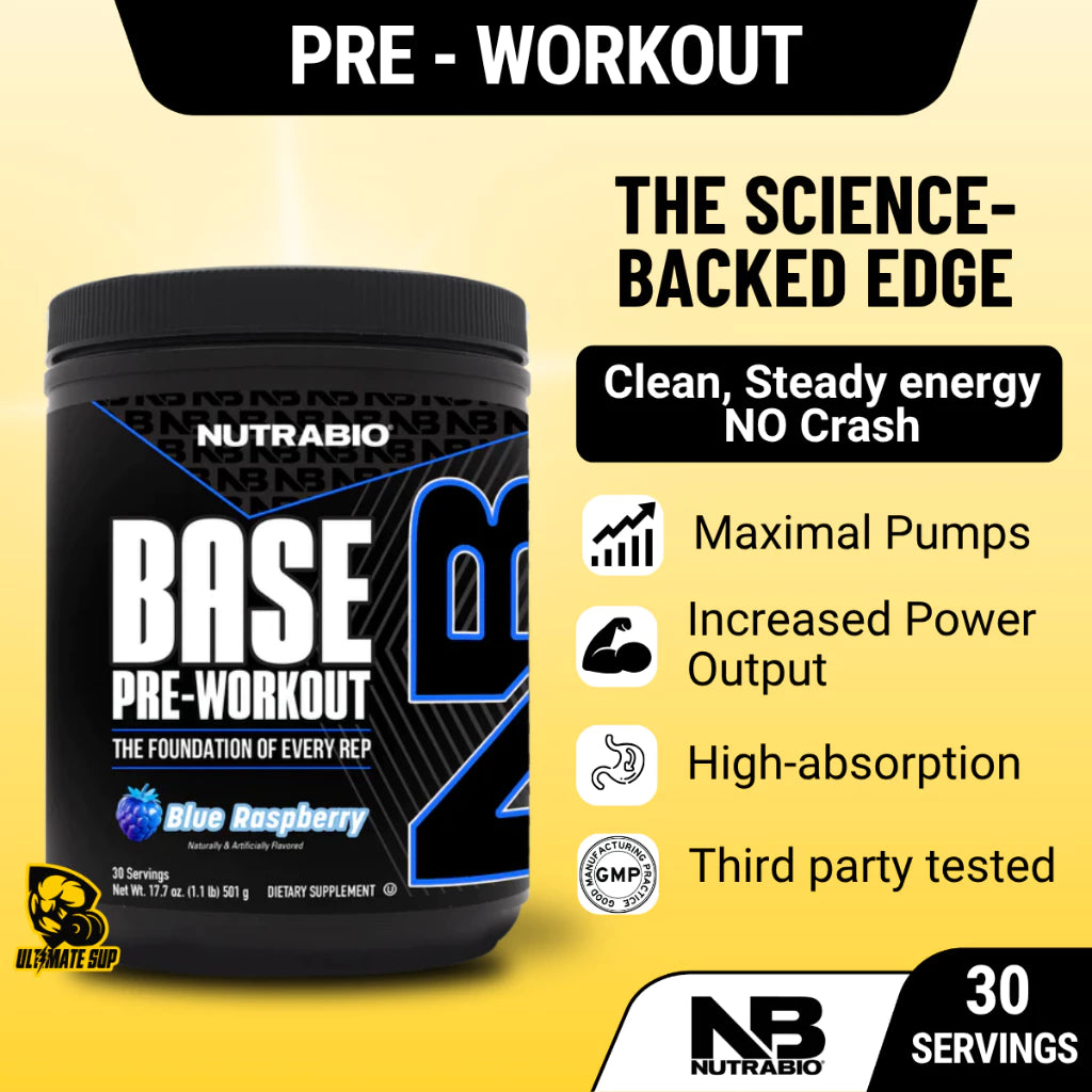 NutraBio Base Pre-Workout Powder, Mental Focus & Energy, Muscle Pumps, Various Flavors, 30 Sers