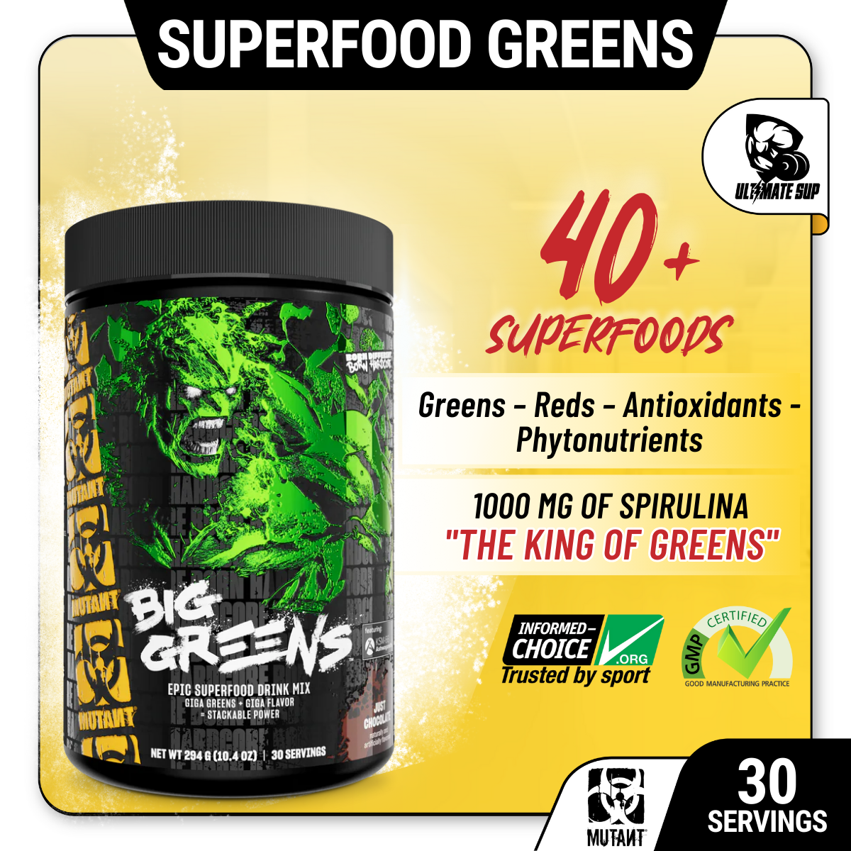Mutant Big Greens, 40 Epic Superfoods, Spirulina, Probiotics, Muscle Recovery 30 servings - Ultimate Sup Singapore