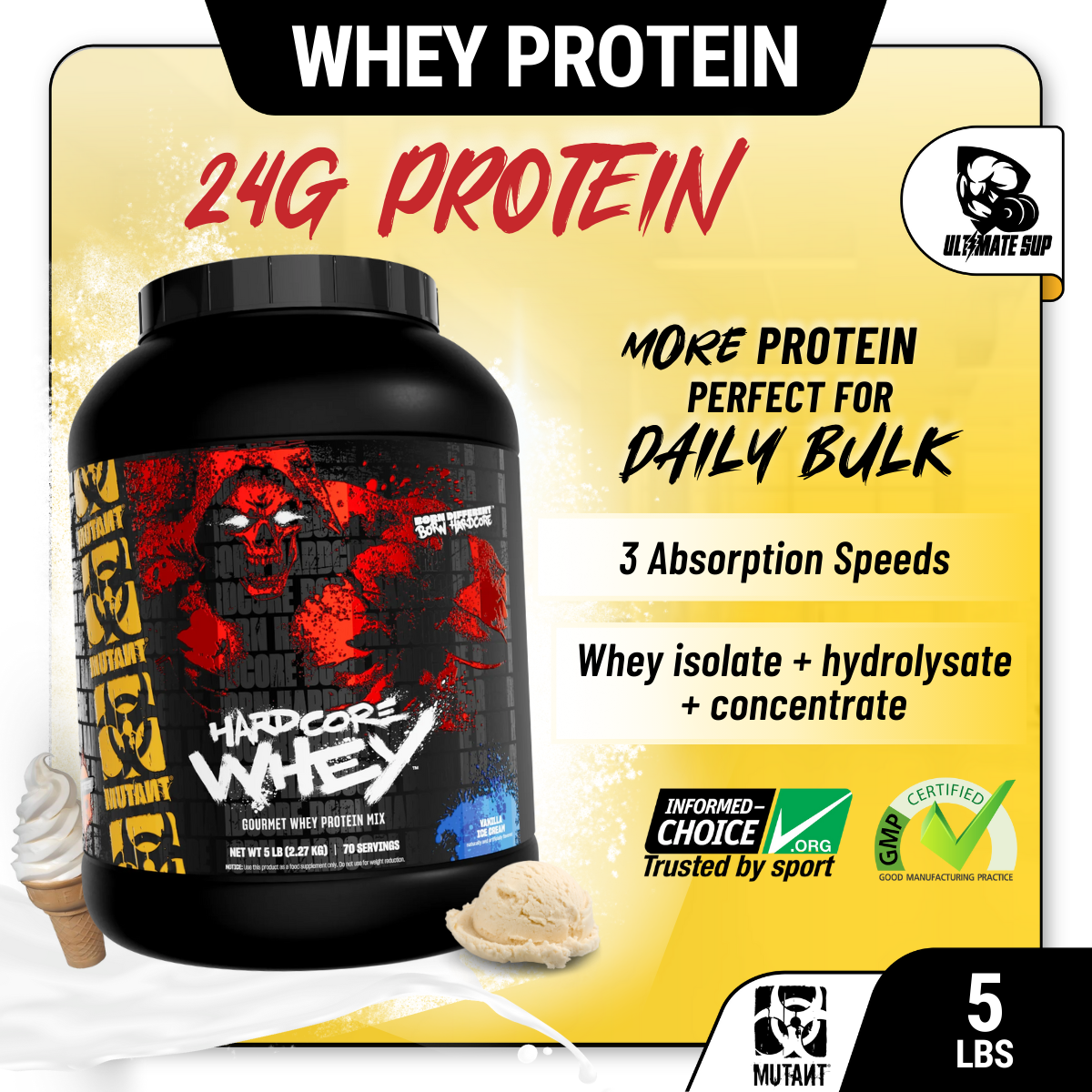 Mutant Hardcore Whey, Whey Protein Isolate & Hydrolysate, Fast-digesting 5lbs - Ultimate Sup Singapore