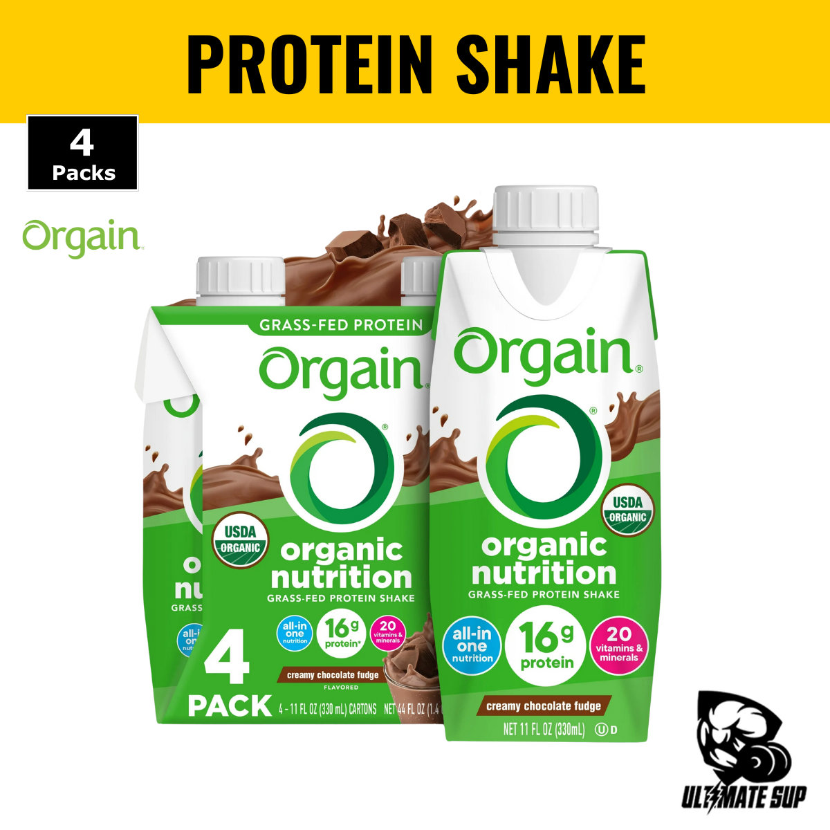 Orgain, Organic Nutrition, Nutritional Shake, Grass-Fed Protein, Vegan, 4 Pack, 11 fl oz - Ultimate Sup Singapore