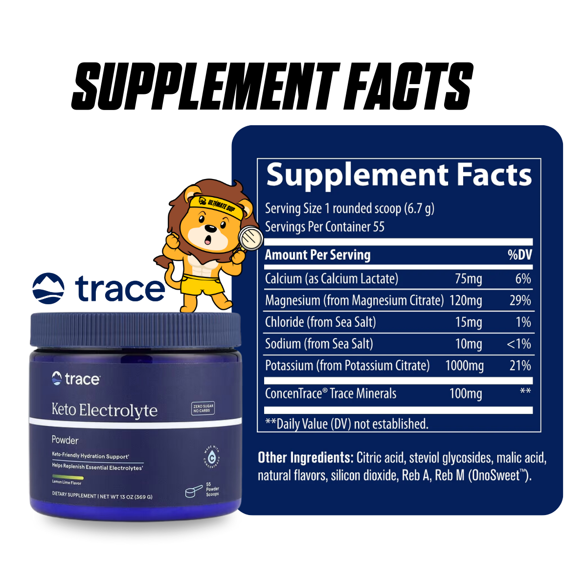 Trace, Keto Electrolyte Powder, Mineral Supplement for Energy & Muscle Stamina Support 13 oz 369g (55 Servings) - Ultimate Sup Singapore