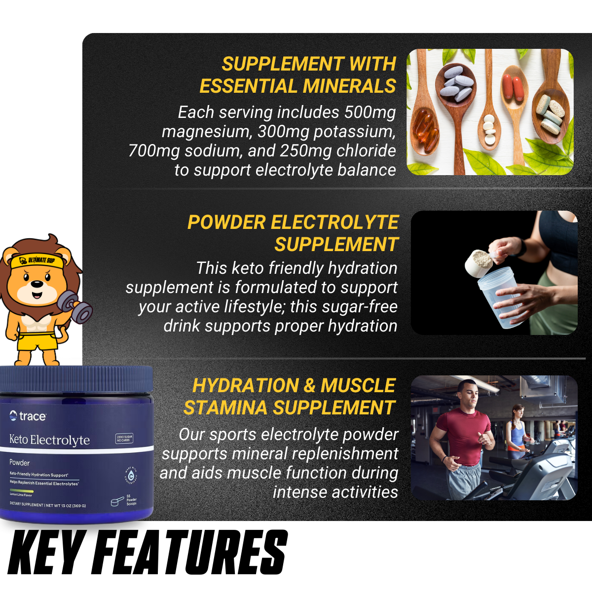 Trace, Keto Electrolyte Powder, Mineral Supplement for Energy & Muscle Stamina Support 13 oz 369g (55 Servings) - Ultimate Sup Singapore