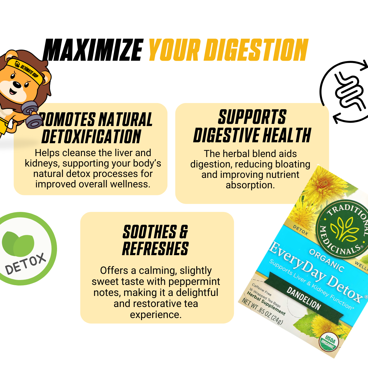 Traditional Medicinals, Organic EveryDay Detox, Dandelion, Supports Liver & Kidney Function, Caffeine Free, 16 Wrapped Tea Bags, 0.85 (24 g) - Ultimate Sup Singapore