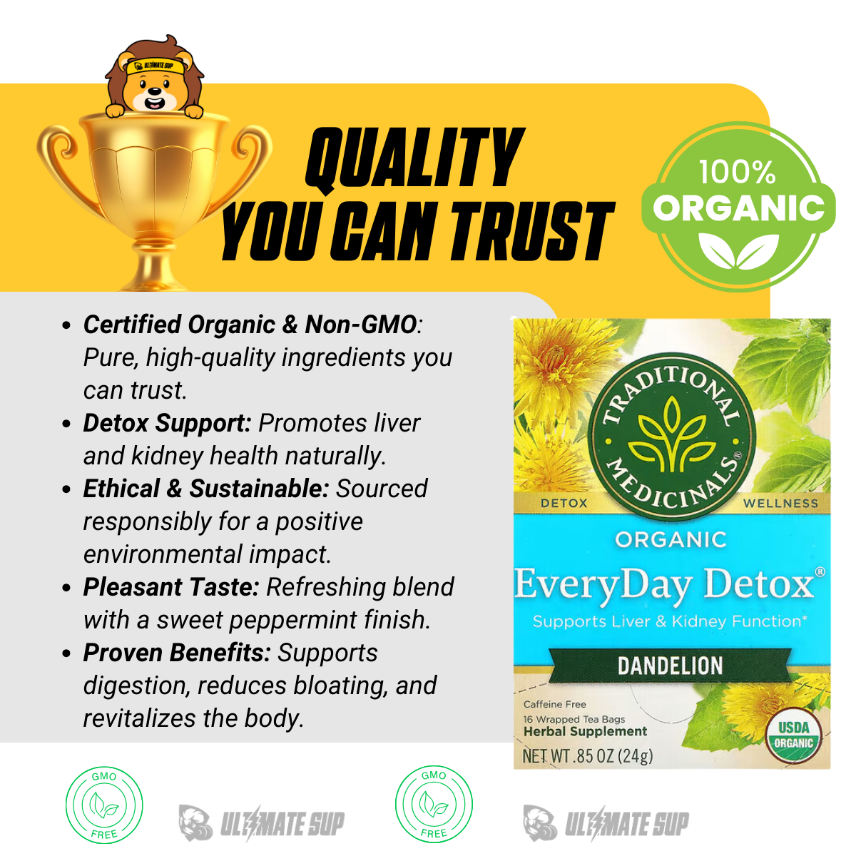 Traditional Medicinals, Organic EveryDay Detox, Dandelion, Supports Liver & Kidney Function, Caffeine Free, 16 Wrapped Tea Bags, 0.85 (24 g) - Ultimate Sup Singapore