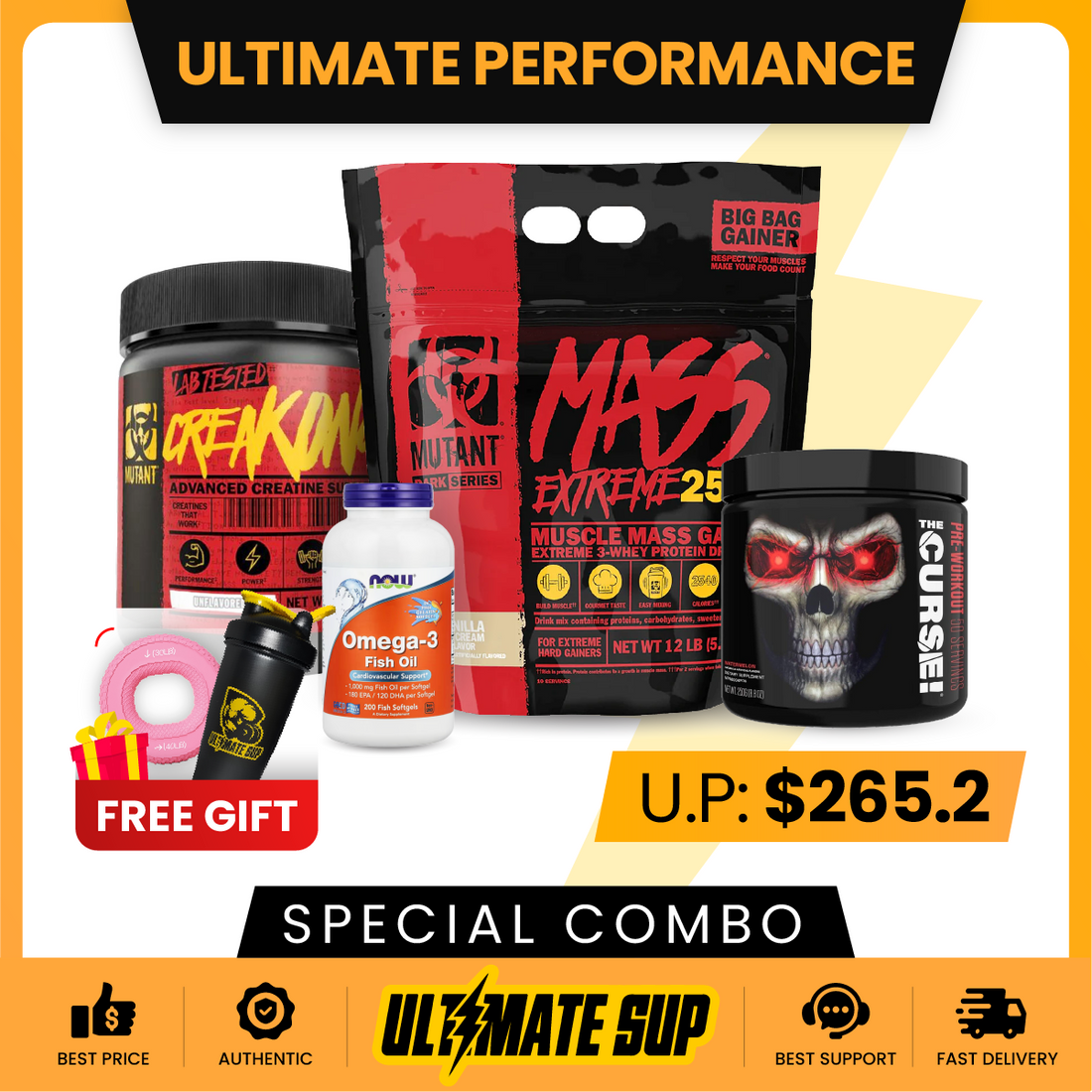 Combo ULTIMATE PERFORMANCE, Mutant Mass Extreme 2500 12lbs + CreaKong 300g + Omega 3 200s + JNX The Currse, Mass Gainer - Ultimate Sup Singapore