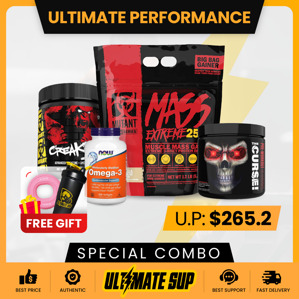 Combo ULTIMATE PERFORMANCE, Mutant Mass Extreme 2500 12lbs + CreaKong 249g + Omega 3 200s + JNX The Currse, Mass Gainer