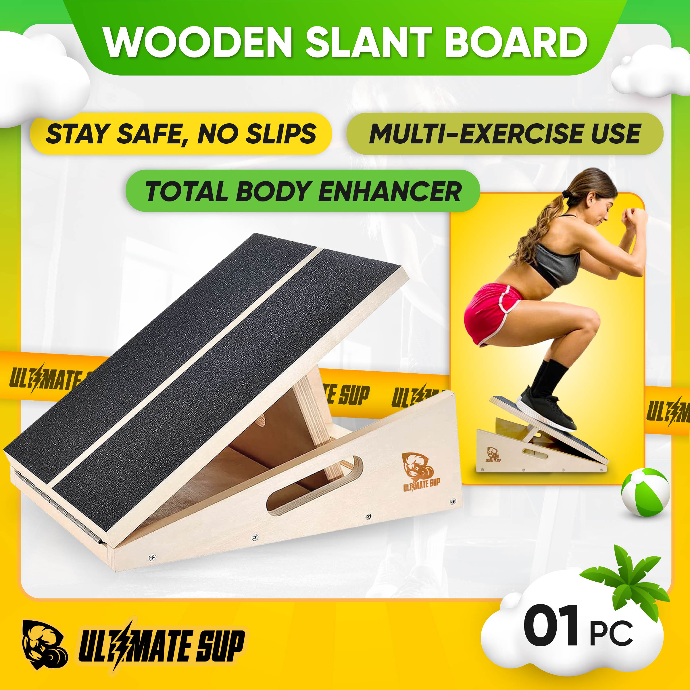 Ultimate Sup, Wooden Slant Board, Portable for Fitness & Aerobic - Ultimate Sup Singapore
