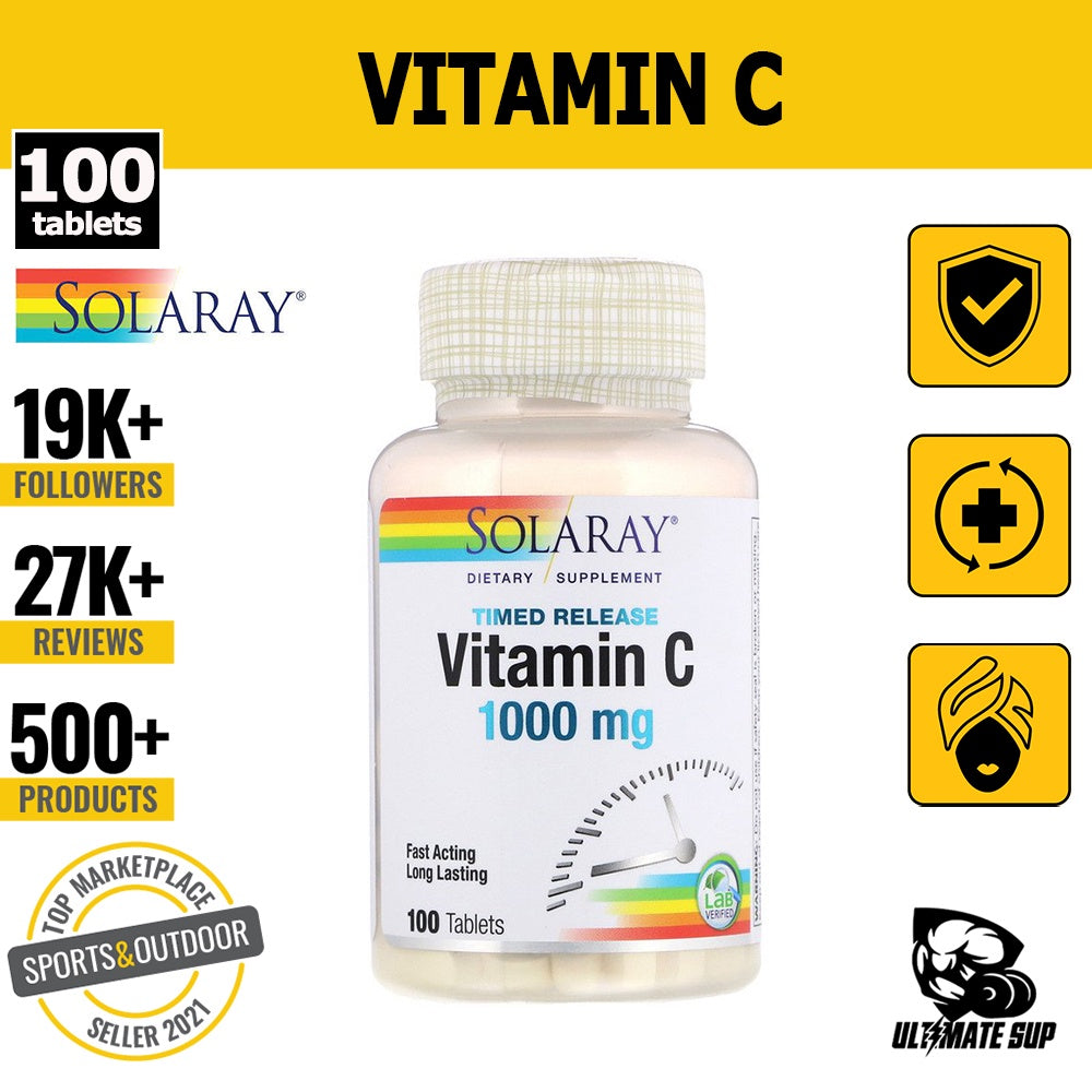 Solaray, Timed Release, Vitamin C, Rosehip, Stearic Acid, Contains Silica, 1000 mg, 250 Tablets - Hightlights