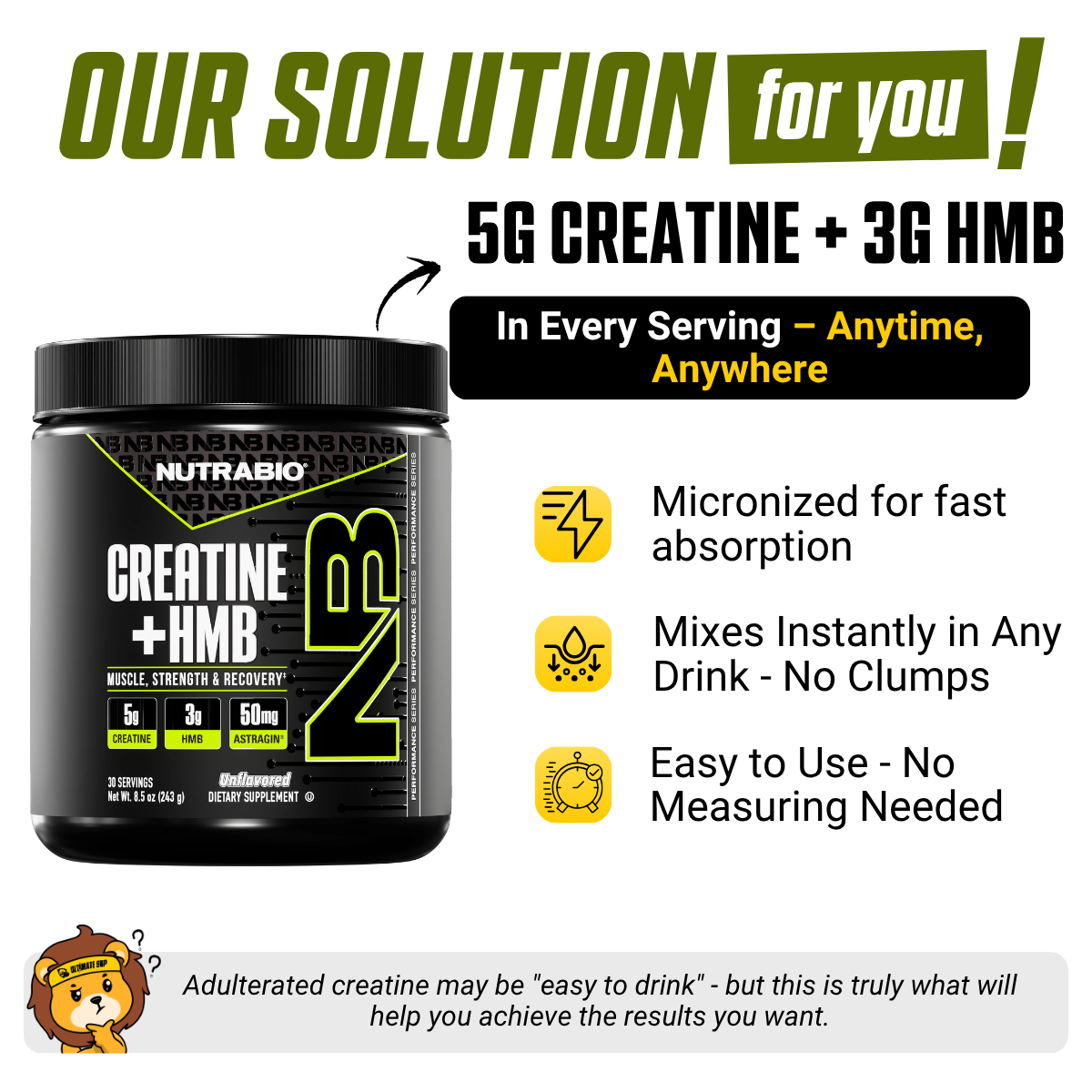 NutraBio, Monohydrate Creatine+ HMB, Micronized Powder, Fast Absorption and Maxizimes Muscle, 30ser