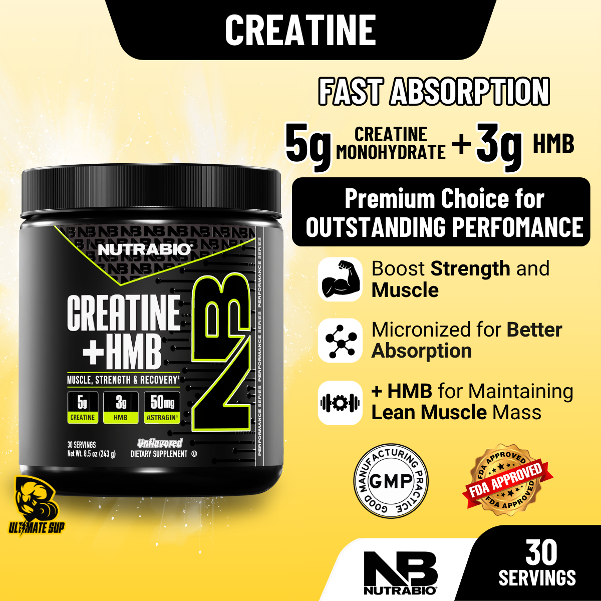 NutraBio, Monohydrate Creatine+ HMB, Micronized Powder, Fast Absorption and Maxizimes Muscle, 30ser