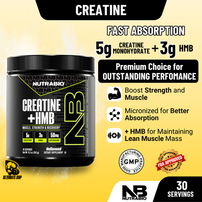 NutraBio, Monohydrate Creatine+ HMB, Micronized Powder, Fast Absorption and Maxizimes Muscle, 30ser