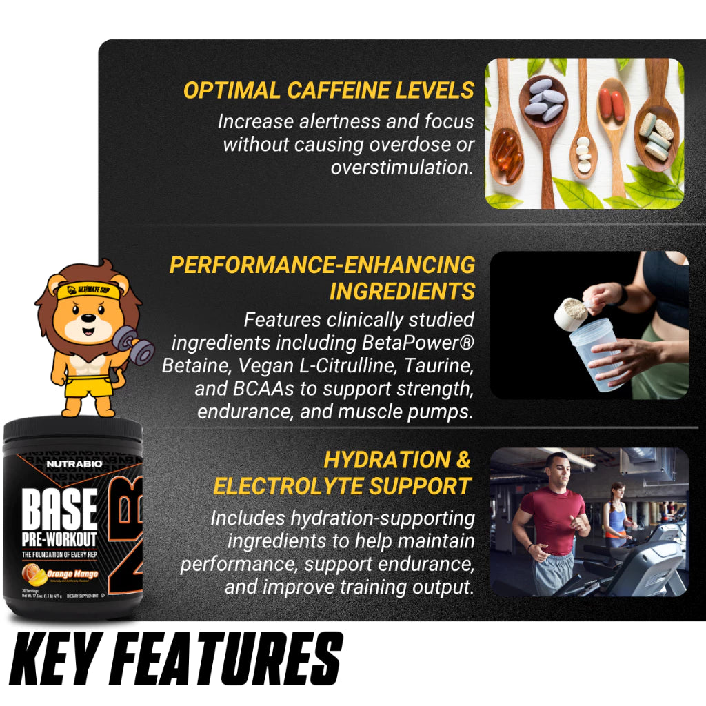 NutraBio Base Pre-Workout Powder, Mental Focus & Energy, Muscle Pumps, Various Flavors, 30 Sers