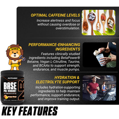 NutraBio Base Pre-Workout Powder, Mental Focus & Energy, Muscle Pumps, Various Flavors, 30 Sers