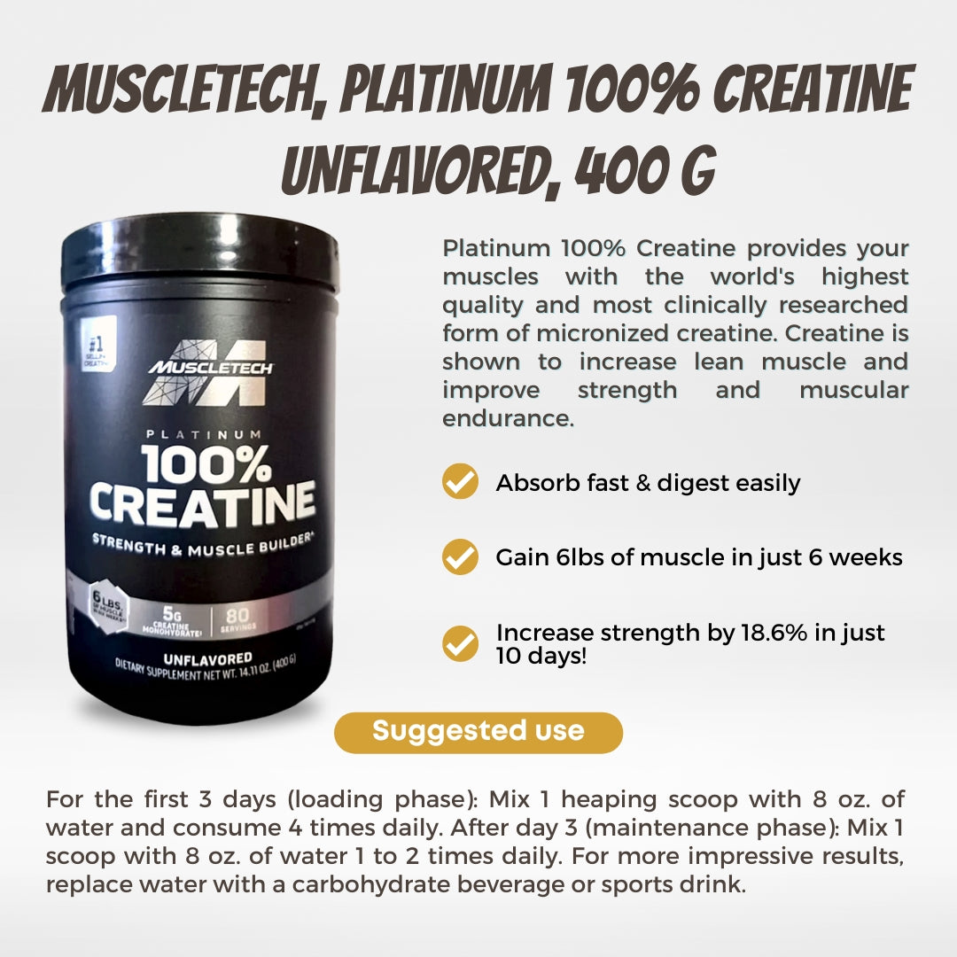 Muscletech, Essential Series, Platinum 100% Creatine, 400g, Unflavored - Ultimate Sup Singapore