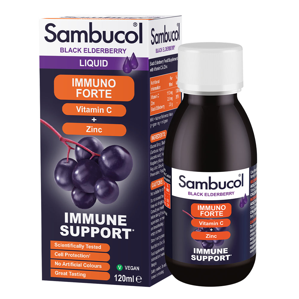 Sambucol Immuno Forte Liquid, With Vitamin C and Zinc, Strengthen Immune System, No Artificial Colours, 120 - 230ml - Ultimate Sup Singapore