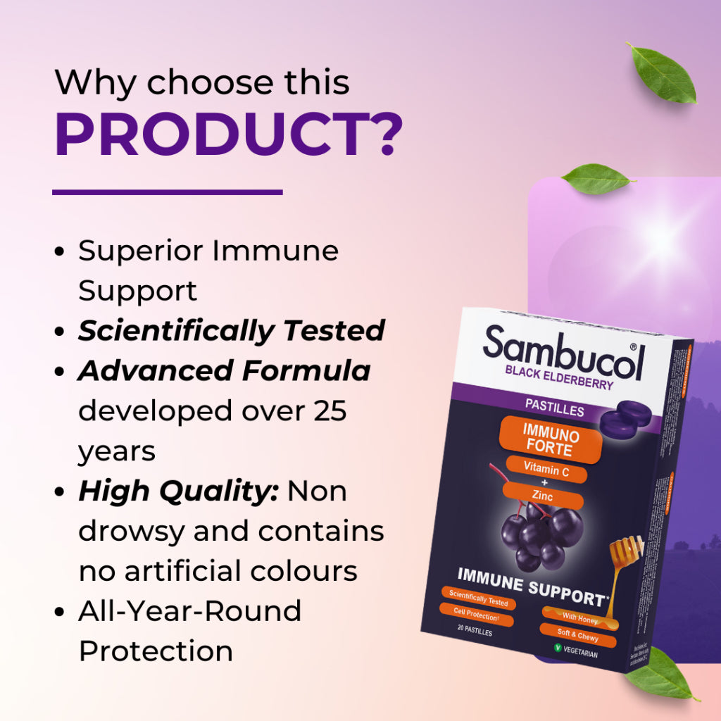Sambucol Immuno Forte, PLUS Soothing Honey + Vitamin C + Zinc, Support Immune, 20 Pastilles - Ultimate Sup Singapore