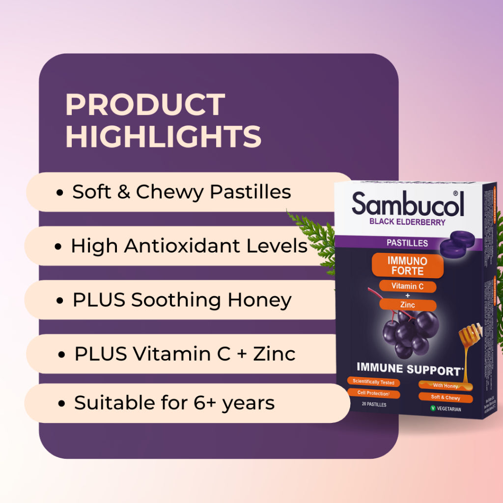 Sambucol Immuno Forte, PLUS Soothing Honey + Vitamin C + Zinc, Support Immune, 20 Pastilles - Ultimate Sup Singapore