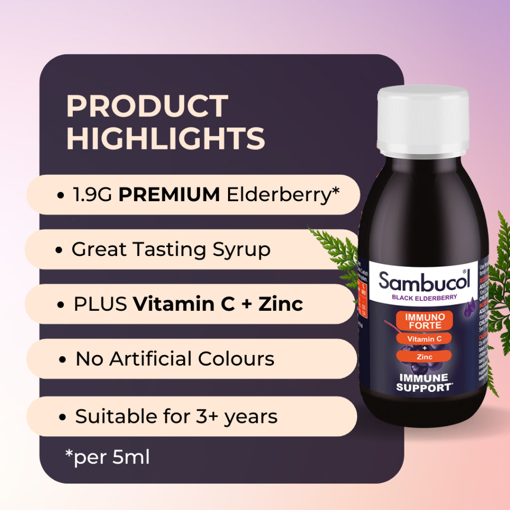 Sambucol Immuno Forte Liquid, With Vitamin C and Zinc, Strengthen Immune System, No Artificial Colours, 120 - 230ml - Ultimate Sup Singapore