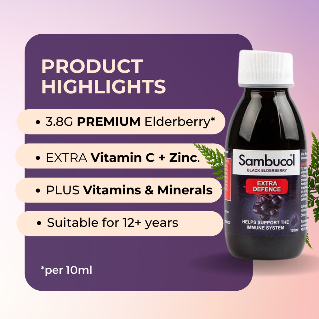 Sambucol Extra Defence Liquid, EXTRA Vitamin C, Zinc, Vitamins & Minerals, 120ml - Ultimate Sup Singapore