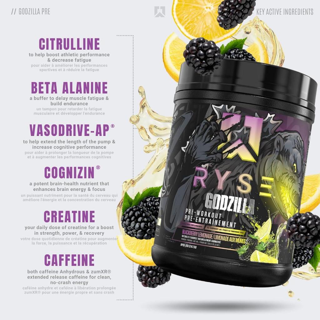 RYSE Godzilla Pre-Workout V3, Massive Pump & Explosive Power, Extreme Energy & Strength, 20-40sers