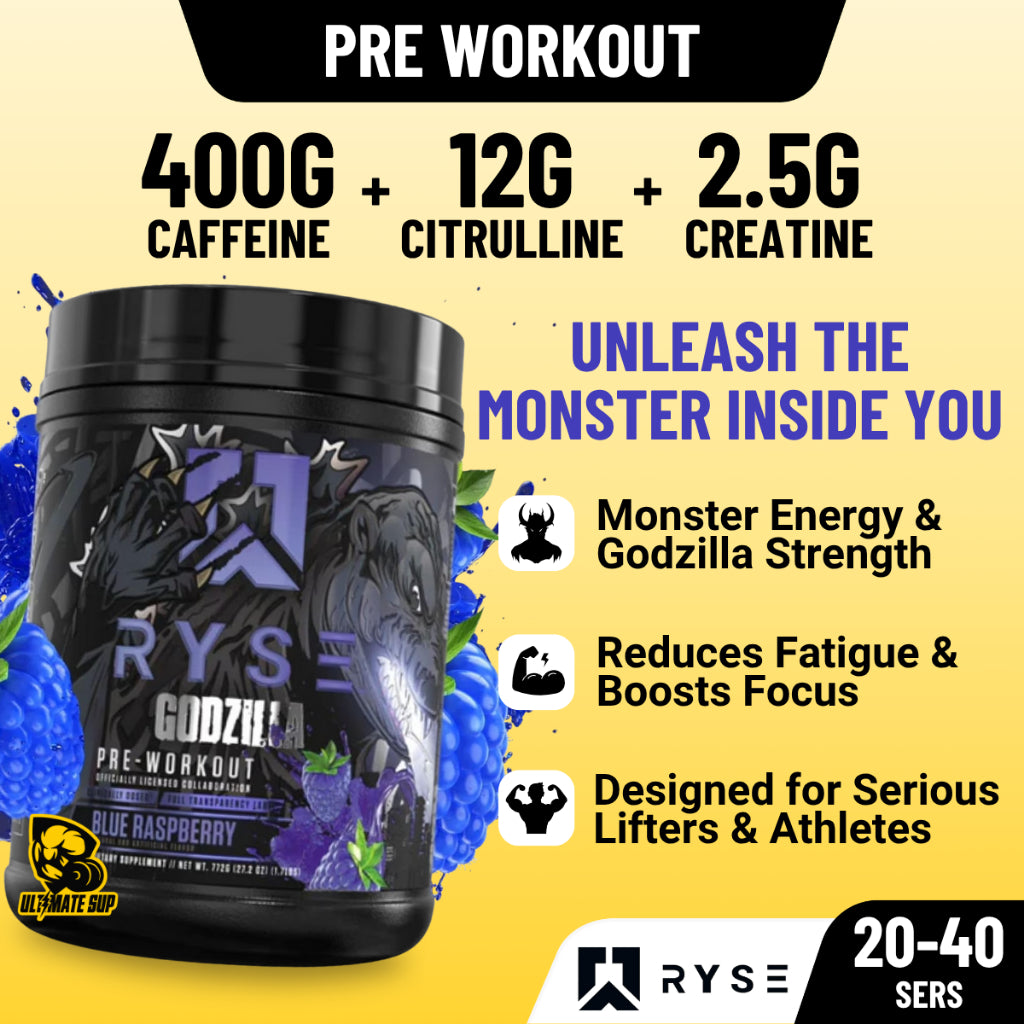 RYSE Godzilla Pre-Workout V3, Massive Pump & Explosive Power, Extreme Energy & Strength, 20-40sers