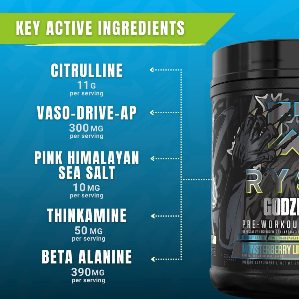 RYSE Godzilla Pre-Workout V3, Massive Pump & Explosive Power, Extreme Energy & Strength, 20-40sers