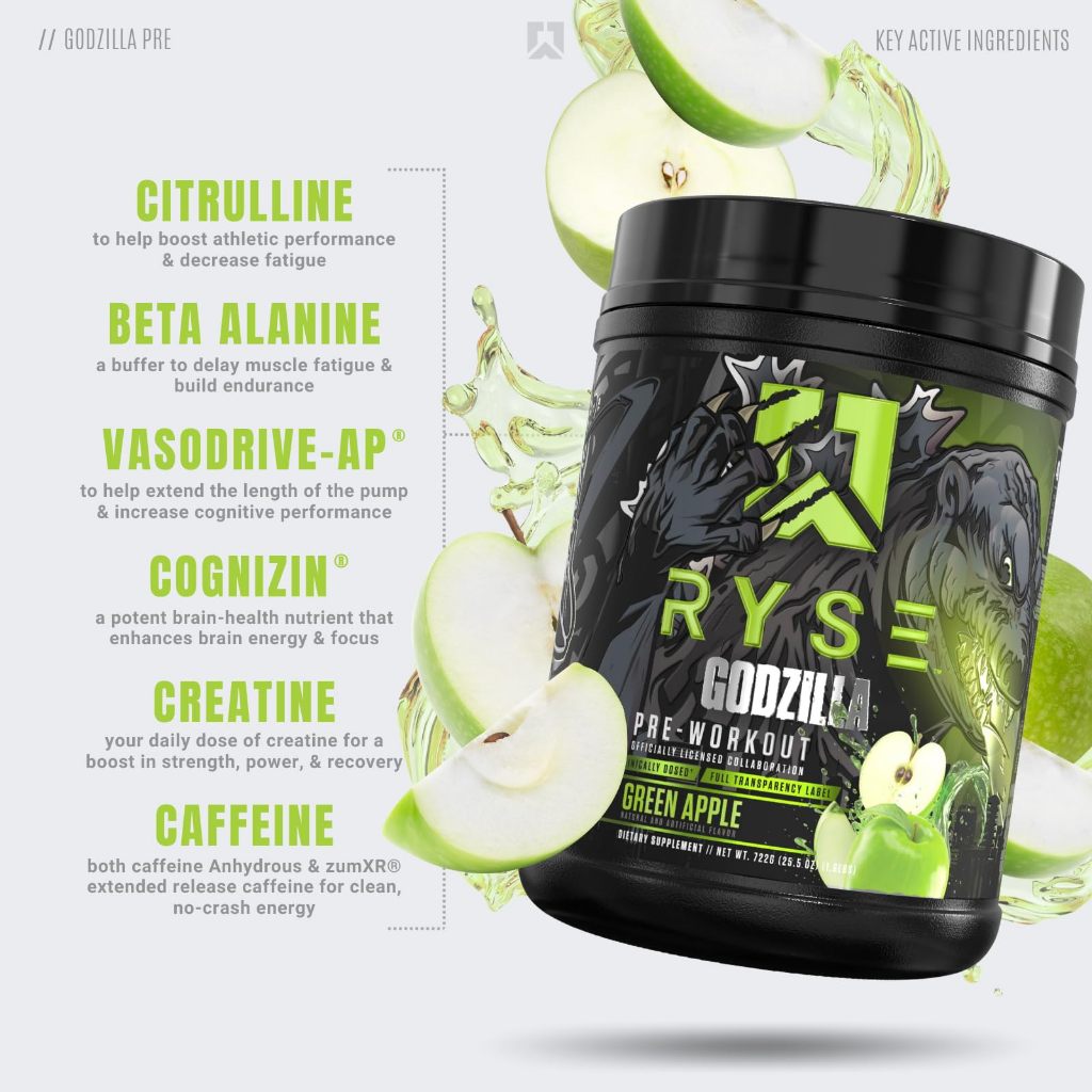 RYSE Godzilla Pre-Workout V3, Massive Pump & Explosive Power, Extreme Energy & Strength, 20-40sers