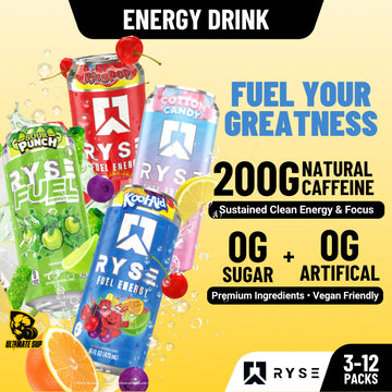 RYSE Fuel Energy Drink, Clean Energy No Crash, Zero Sugar & Vegan, Smooth Energy Boost, 473ml, 3-12pcs