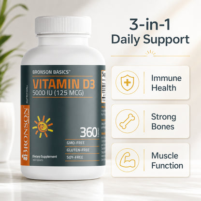Bronson, Vitamin D3 5000iu 125mcg Healthy Muscle, 360Tablets