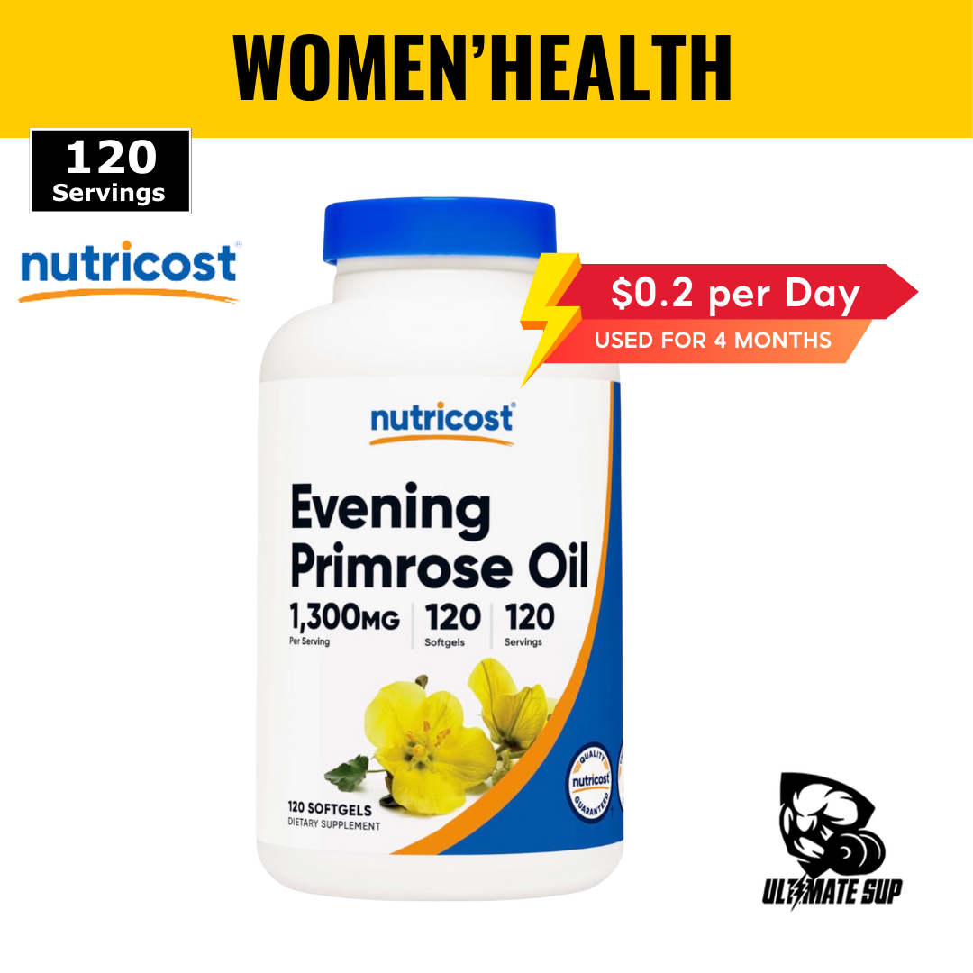 Nutricost, Evening Primrose Oil, Skin Health, Supports Women's Health, 1,300 mg, 120 Softgels - Ultimate Sup Singapore