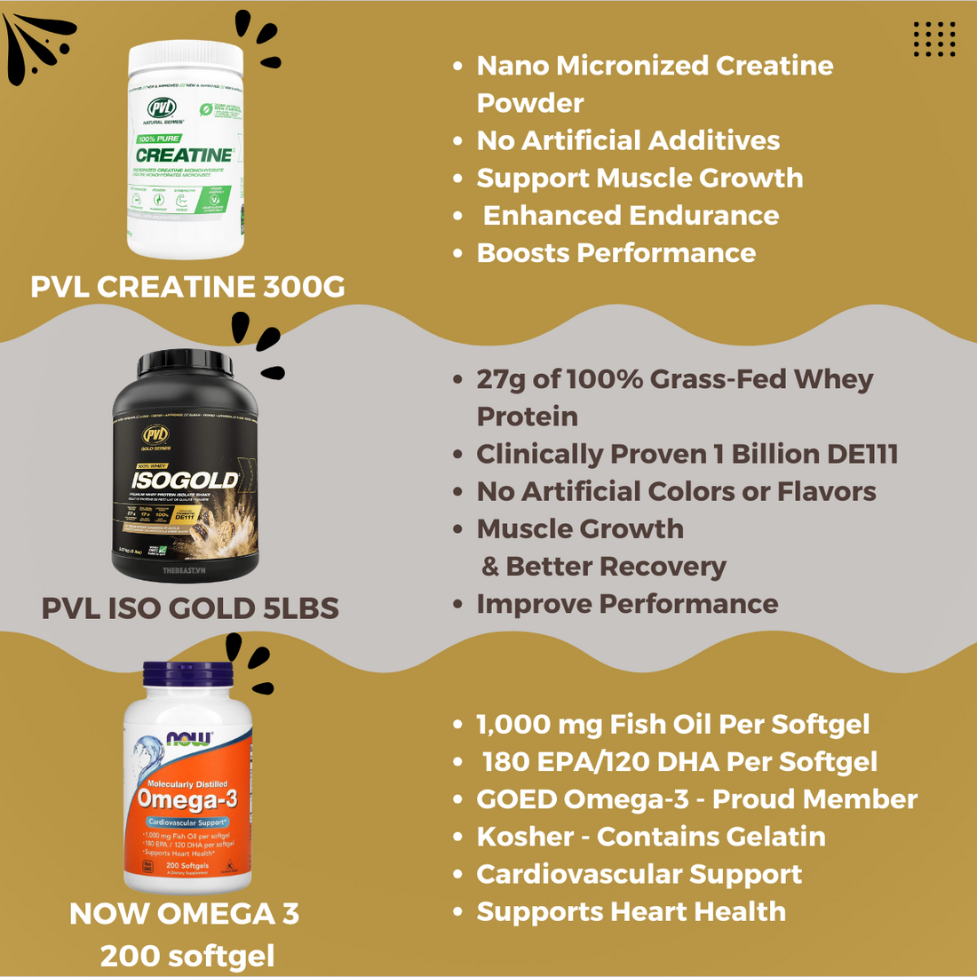 Combo STRENGTH AND ENDURANCE, PVL Iso Gold 5lb + PVL Creatine + Omega 3 200s + Domin8 520g + PVL Glutamine Gold + MT Multi 90T - Ultimate Sup Singapore