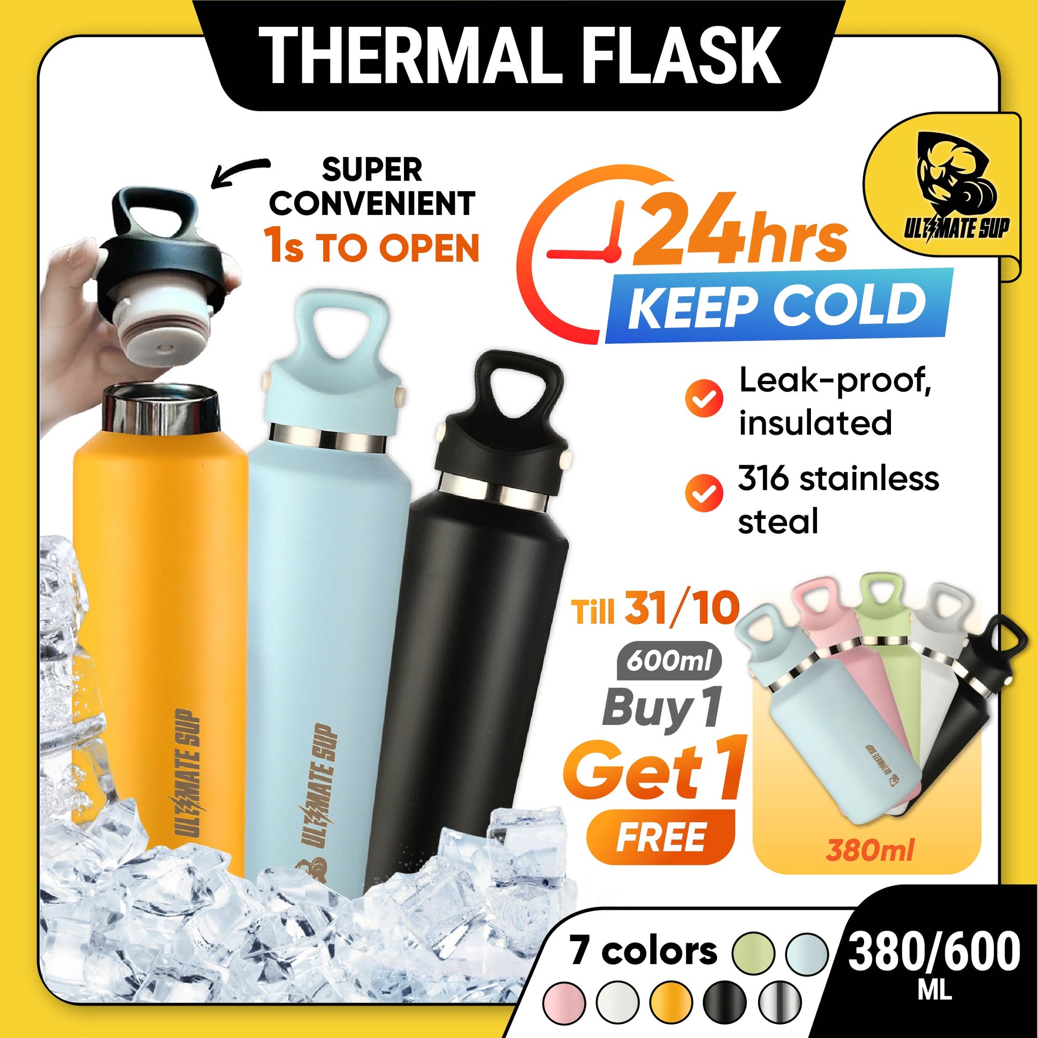 Frost Vial, 600ml, Thermal Flask Insulated Stainless Steel Water Bottle, Double Layer, Threadless Lid - Ultimate Sup - Ultimate Sup Singapore