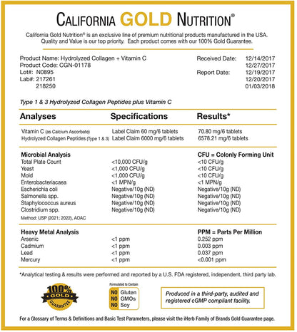 California Gold Nutrition, Hydrolyzed Collagen Peptides + Vitamin C, Type 1 & 3, 6,000 mg Per Serving, 250 Tablets - Ultimate Sup Singapore