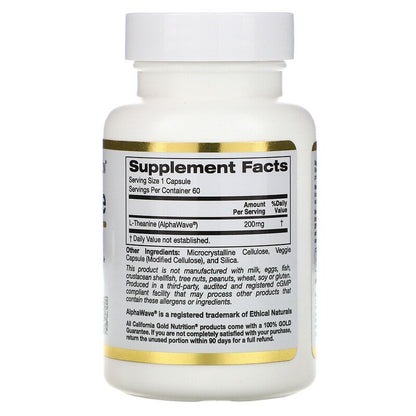 California Gold Nutrition, L-Theanine, AlphaWave, Supports Relaxation, Calm Focus, 200 mg, 30-60 VegCaps, 30-60 Sers - Ultimate Sup Singapore