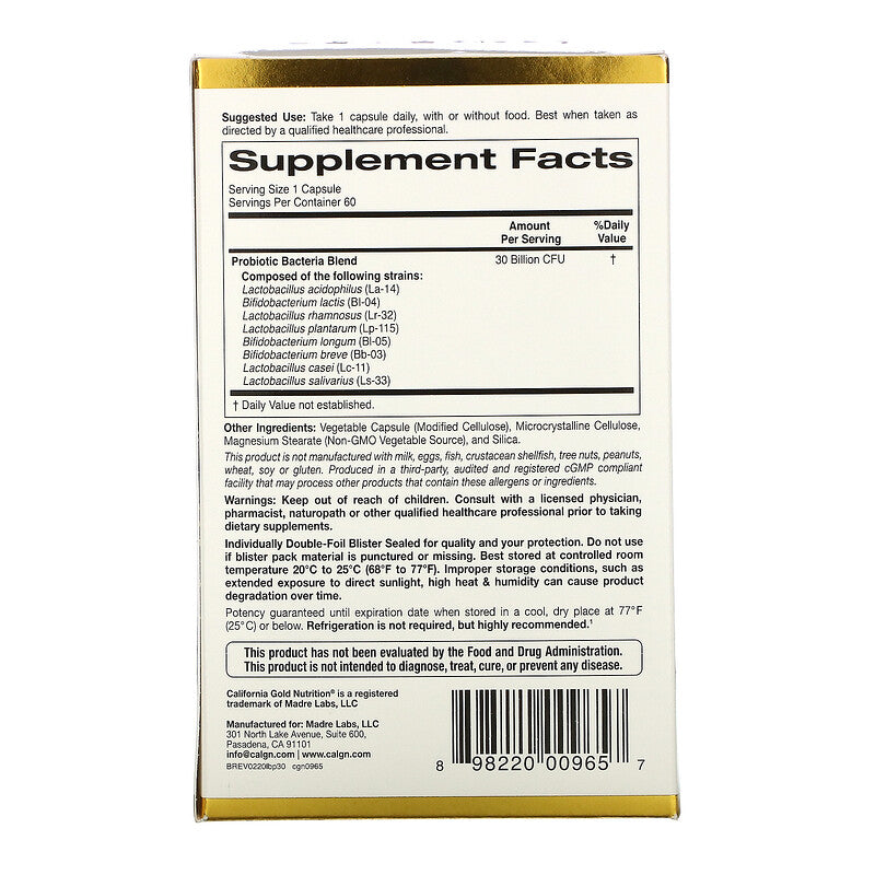 California Gold Nutrition, LactoBif Probiotics, 30 Billion CFU, 60 Veggie Capsules - Ultimate Sup Singapore