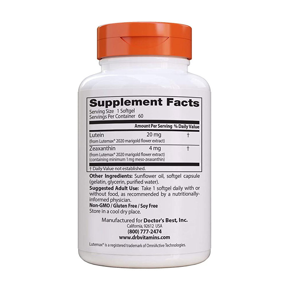 Doctor's Best Lutein Featuring Lutemax, 20 mg, 60 Softgels - Ultimate Sup Singapore