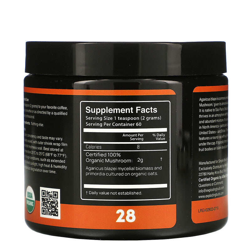 Exploding Buds Agaricus Blazei, Certified Organic Mushroom Powder w Beta Glucans, prebiotics, digestive enzymes 120 g - Ultimate Sup Singapore