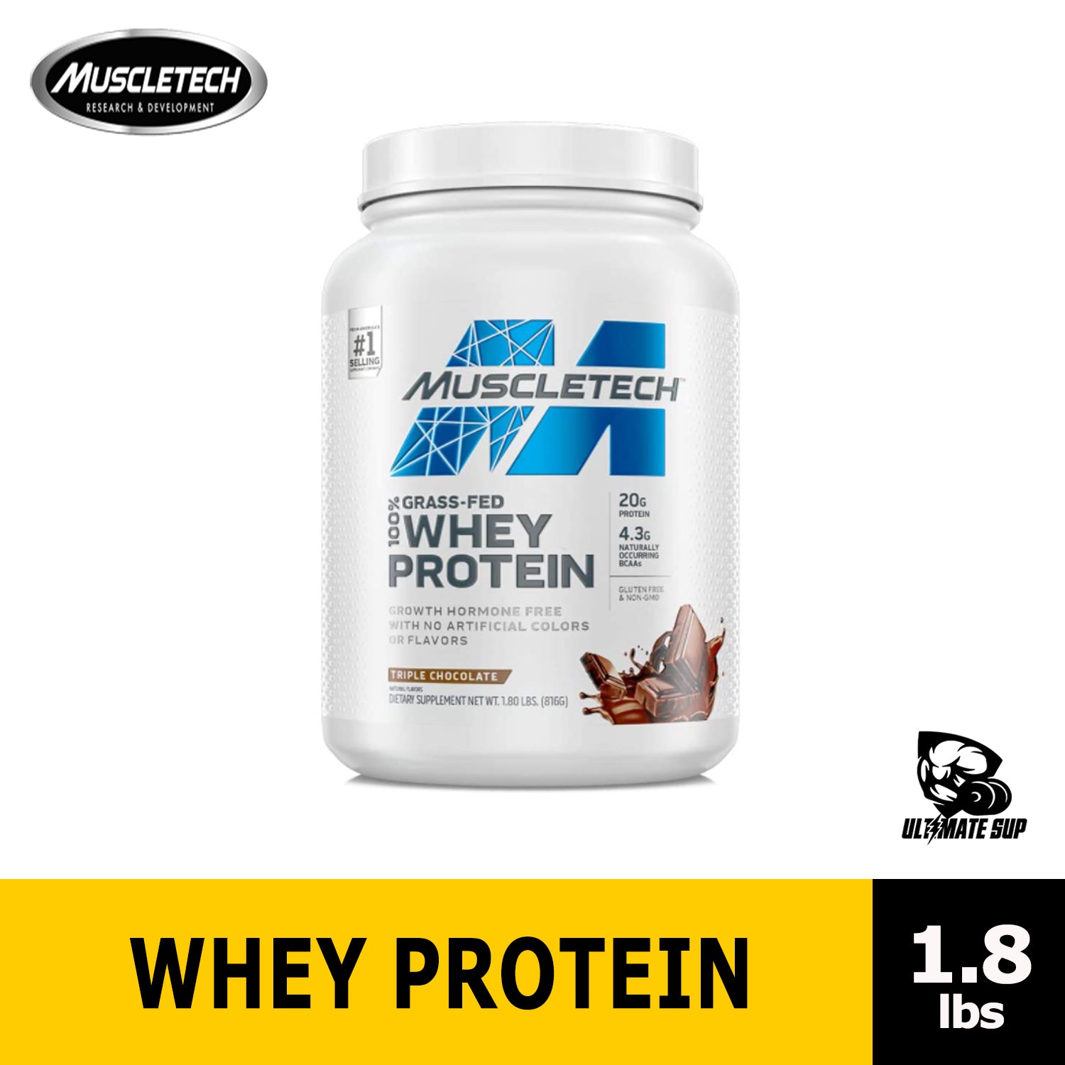 MuscleTech Grass Fed Whey Protein Powder for Muscle Gain 1.8 lbs